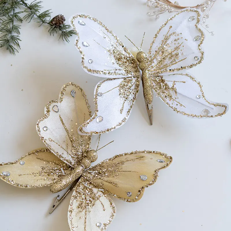 Christmas Glitter Butterfly Ornament Christmas Tree Pendant Diy Wreath Decor For 2025 New Year Gifts Noel Navidad ﻿