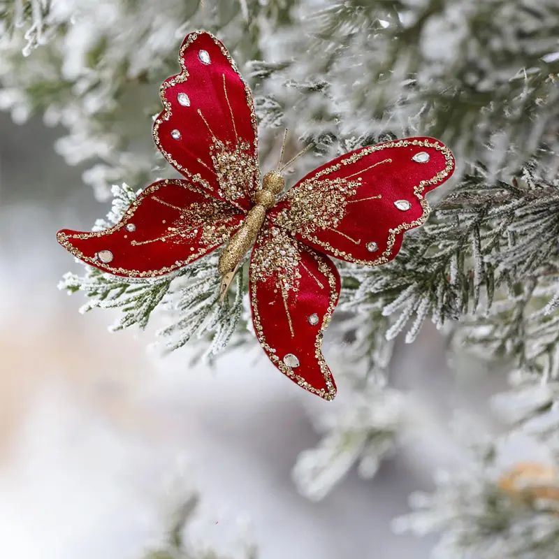 Christmas Glitter Butterfly Ornament Christmas Tree Pendant Diy Wreath Decor For 2025 New Year Gifts Noel Navidad ﻿