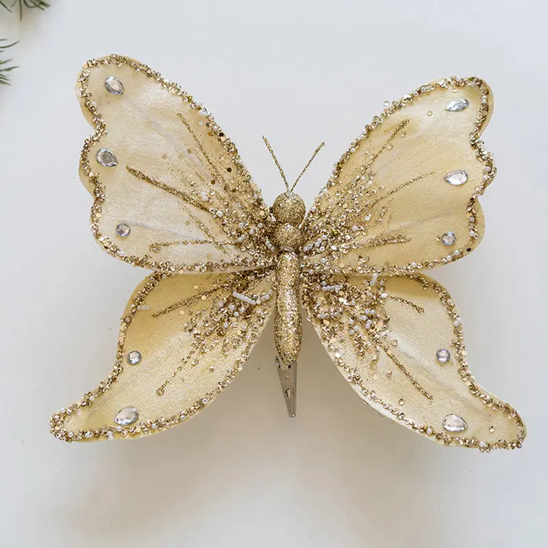 Christmas Glitter Butterfly Ornament Christmas Tree Pendant Diy Wreath Decor For 2025 New Year Gifts Noel Navidad ﻿