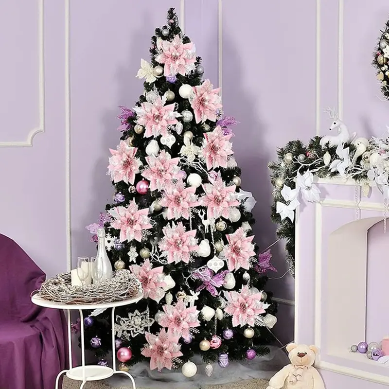 5pcs 14.5cm Pink Glitter Artifical Christmas Flowers Christmas Tree Decoration Happy New Year Party Ornaments Xmas Fake Flowers