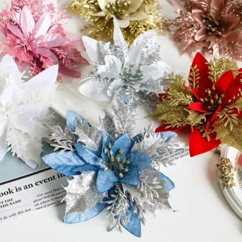 5pcs 14.5cm Pink Glitter Artifical Christmas Flowers Christmas Tree Decoration Happy New Year Party Ornaments Xmas Fake Flowers