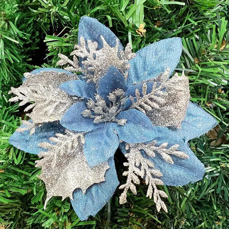 5pcs 14.5cm Pink Glitter Artifical Christmas Flowers Christmas Tree Decoration Happy New Year Party Ornaments Xmas Fake Flowers