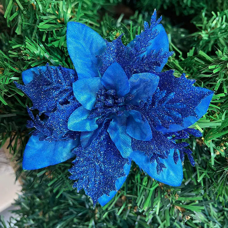 5pcs 14.5cm Pink Glitter Artifical Christmas Flowers Christmas Tree Decoration Happy New Year Party Ornaments Xmas Fake Flowers