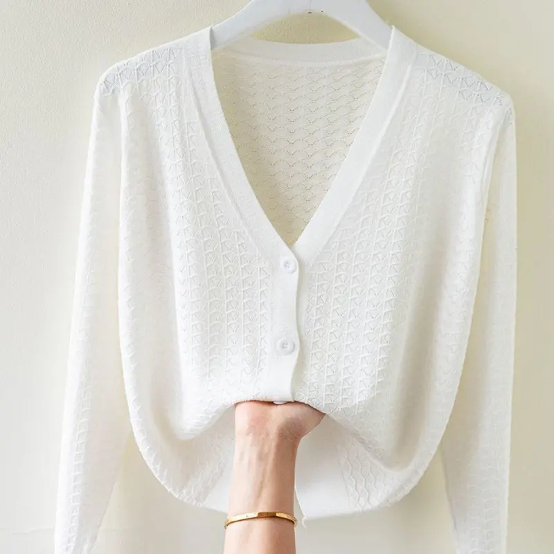 2025 New Spring Autumn Ice Silk Sweater Cardigan Women Jacket Loose Thin Long Sleeve v-neck Hollow Knitwear Tops Female