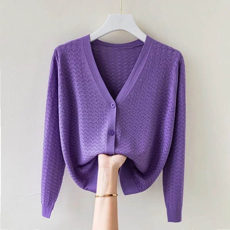 2025 New Spring Autumn Ice Silk Sweater Cardigan Women Jacket Loose Thin Long Sleeve v-neck Hollow Knitwear Tops Female