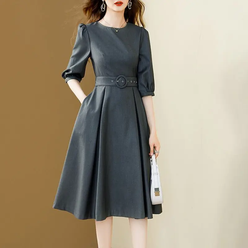 2025 New Fashion Summer Dress Women Temperament Waist Slim Dress Lady Solid Color Ladies Dress Loose Female Dress