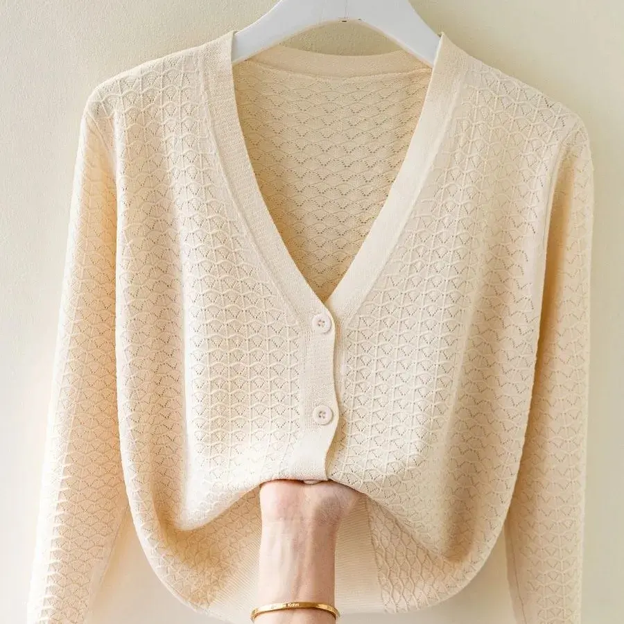2025 New Spring Autumn Ice Silk Sweater Cardigan Women Jacket Loose Thin Long Sleeve v-neck Hollow Knitwear Tops Female