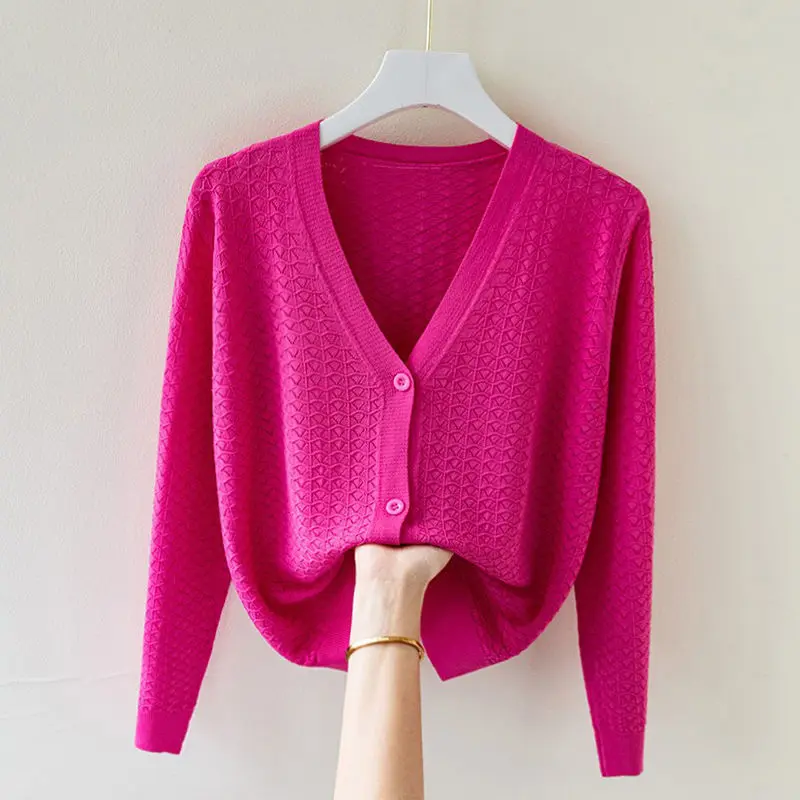 2025 New Spring Autumn Ice Silk Sweater Cardigan Women Jacket Loose Thin Long Sleeve v-neck Hollow Knitwear Tops Female