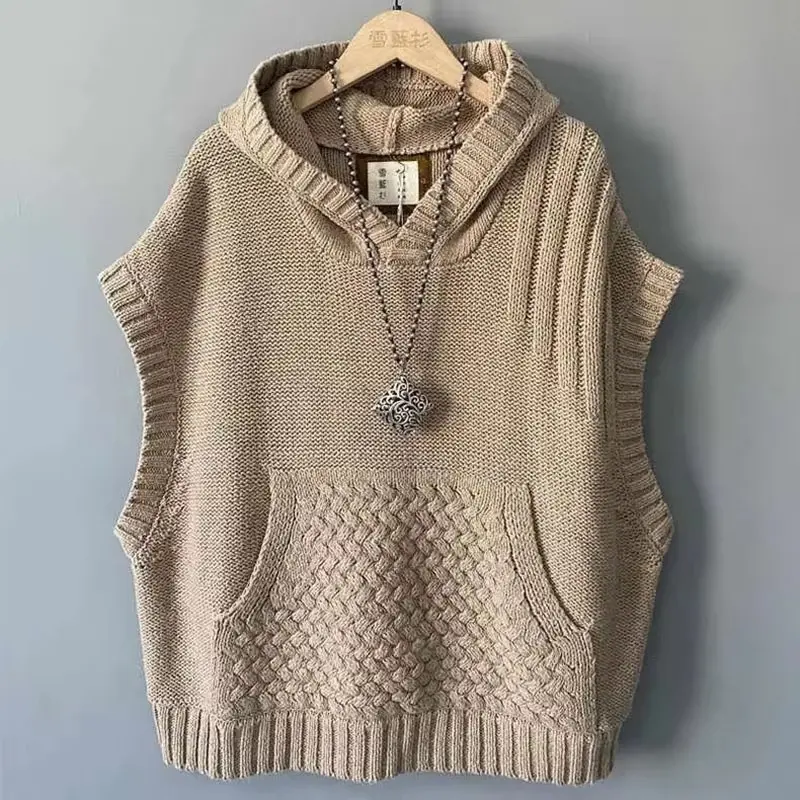 2025New Autumn Winter Wide Shoulder Braided Hair Hooded knit Vest Jacket Women Sleeveless Waistcoat Coat Female Casual Lady Tops