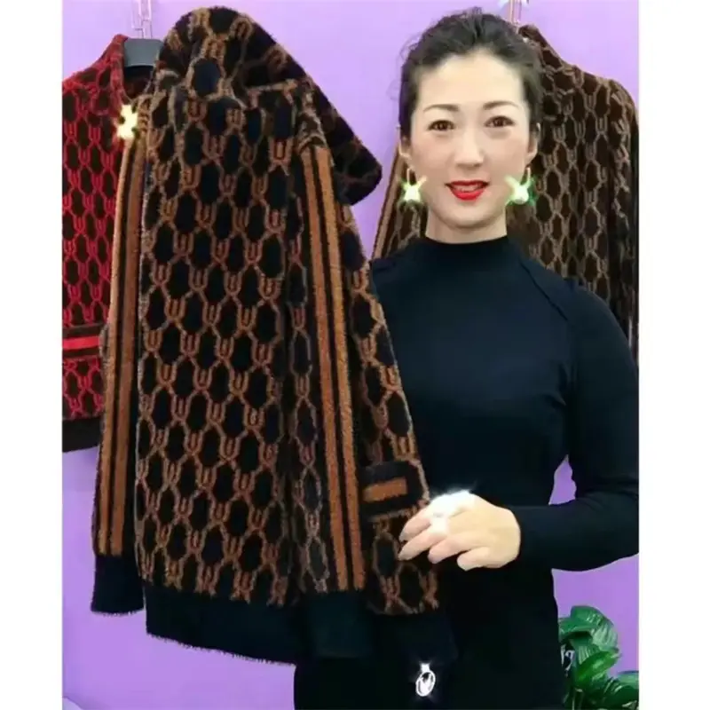 Middle Aged Elderly Mother Imitation Mink Velvet Coat Women Autumn Winter Standing Collar Warm Zipper Cardigan Sweater Female