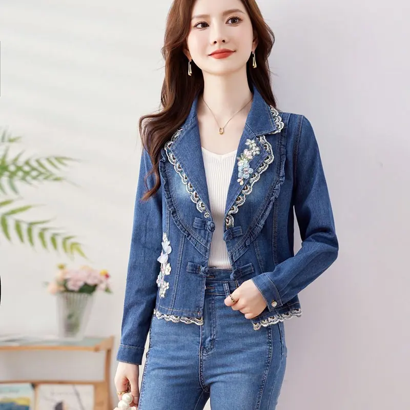 2025 New Spring Autumn Denim Short Jacket Women's Embroidery Korean The Lotus Leaf Retro Slim Slimming Cowboy Coat Female Tops
