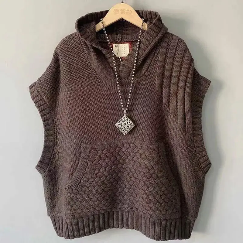 2025New Autumn Winter Wide Shoulder Braided Hair Hooded knit Vest Jacket Women Sleeveless Waistcoat Coat Female Casual Lady Tops