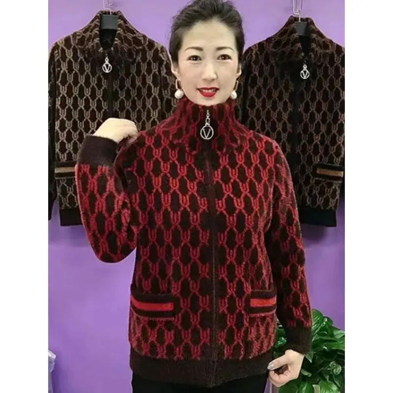 Middle Aged Elderly Mother Imitation Mink Velvet Coat Women Autumn Winter Standing Collar Warm Zipper Cardigan Sweater Female