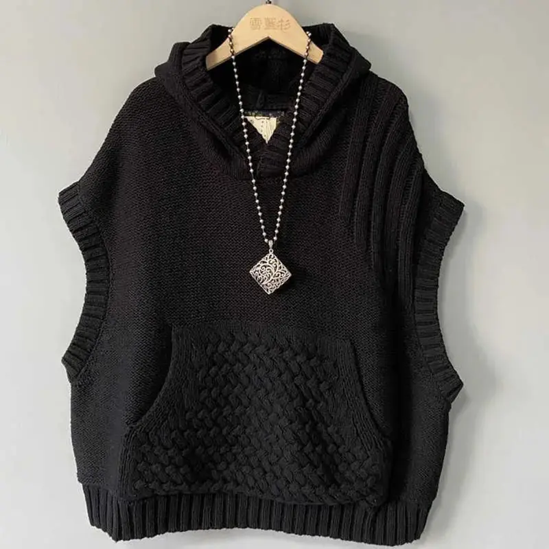 2025New Autumn Winter Wide Shoulder Braided Hair Hooded knit Vest Jacket Women Sleeveless Waistcoat Coat Female Casual Lady Tops