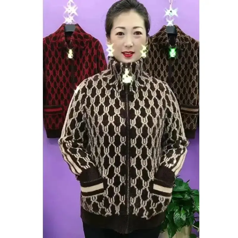 Middle Aged Elderly Mother Imitation Mink Velvet Coat Women Autumn Winter Standing Collar Warm Zipper Cardigan Sweater Female