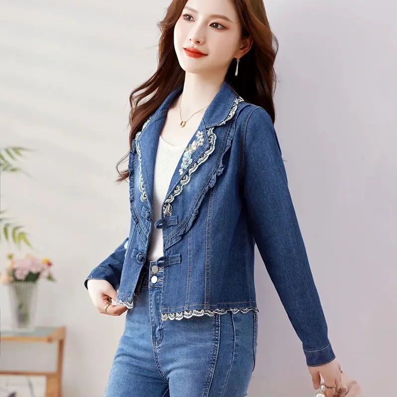 2025 New Spring Autumn Denim Short Jacket Women's Embroidery Korean The Lotus Leaf Retro Slim Slimming Cowboy Coat Female Tops