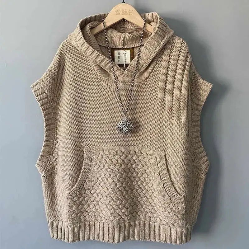 2025New Autumn Winter Wide Shoulder Braided Hair Hooded knit Vest Jacket Women Sleeveless Waistcoat Coat Female Casual Lady Tops