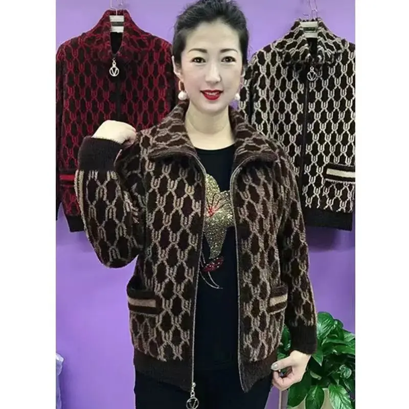Middle Aged Elderly Mother Imitation Mink Velvet Coat Women Autumn Winter Standing Collar Warm Zipper Cardigan Sweater Female