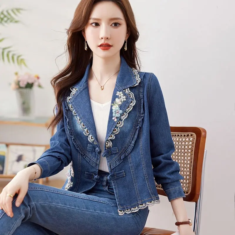 2025 New Spring Autumn Denim Short Jacket Women's Embroidery Korean The Lotus Leaf Retro Slim Slimming Cowboy Coat Female Tops