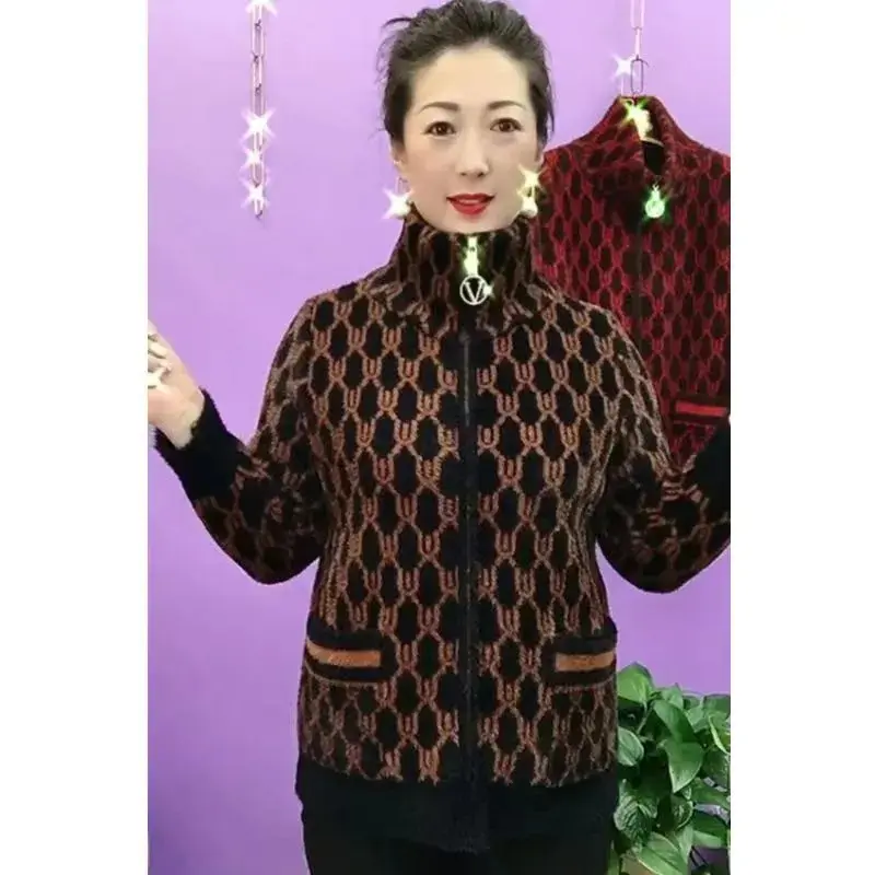 Middle Aged Elderly Mother Imitation Mink Velvet Coat Women Autumn Winter Standing Collar Warm Zipper Cardigan Sweater Female