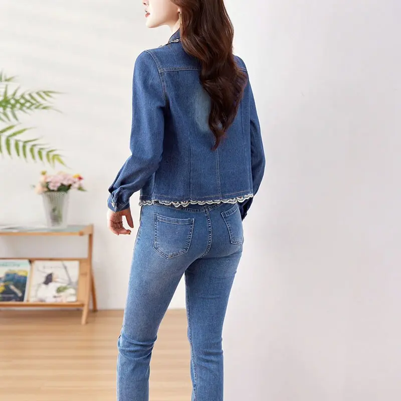 2025 New Spring Autumn Denim Short Jacket Women's Embroidery Korean The Lotus Leaf Retro Slim Slimming Cowboy Coat Female Tops