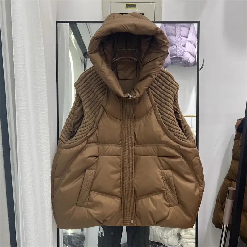 2025 New Autumn Winter Knitted Stitching Down Cotton Vest Jacket Women Fashion Sleeveless Hooded Loose Waistcoat Female Top