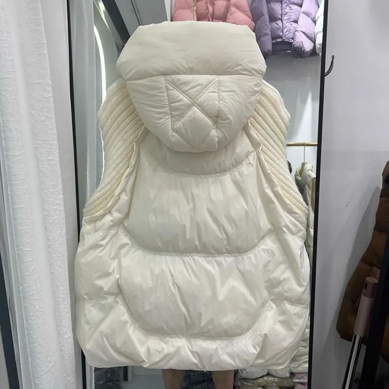 2025 New Autumn Winter Knitted Stitching Down Cotton Vest Jacket Women Fashion Sleeveless Hooded Loose Waistcoat Female Top