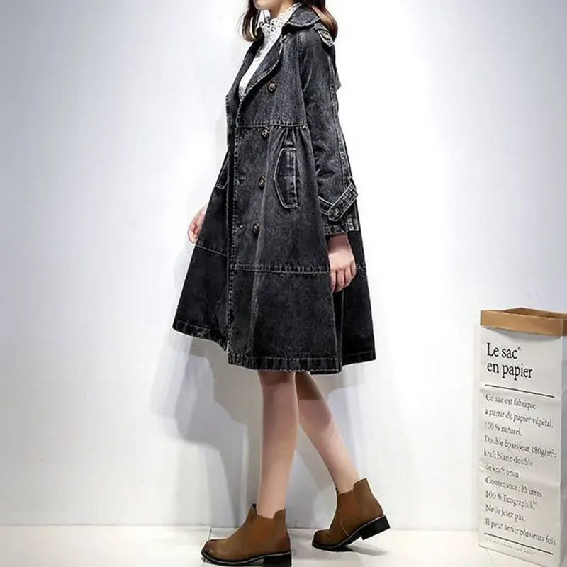 2025 New Autumn Winter Denim Women Jacket Coat Full Sleeves Vintage Windbreaker Mid Long Jean Cowboy Outerwear Female Tops R2344