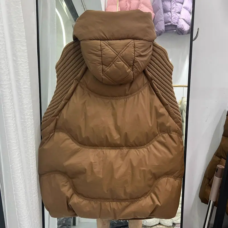 2025 New Autumn Winter Knitted Stitching Down Cotton Vest Jacket Women Fashion Sleeveless Hooded Loose Waistcoat Female Top
