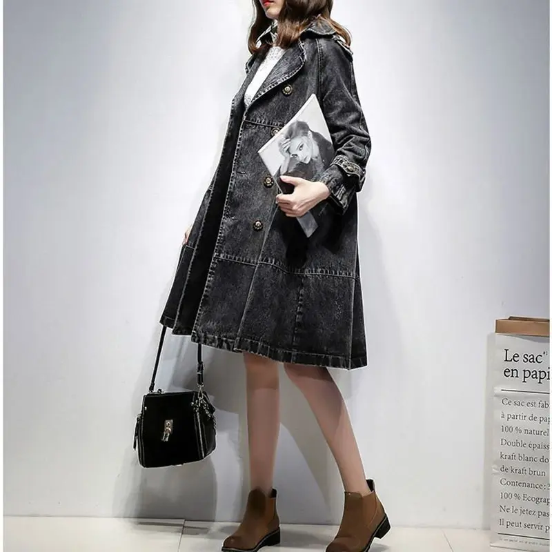 2025 New Autumn Winter Denim Women Jacket Coat Full Sleeves Vintage Windbreaker Mid Long Jean Cowboy Outerwear Female Tops R2344