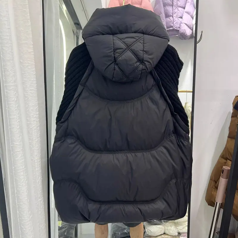 2025 New Autumn Winter Knitted Stitching Down Cotton Vest Jacket Women Fashion Sleeveless Hooded Loose Waistcoat Female Top