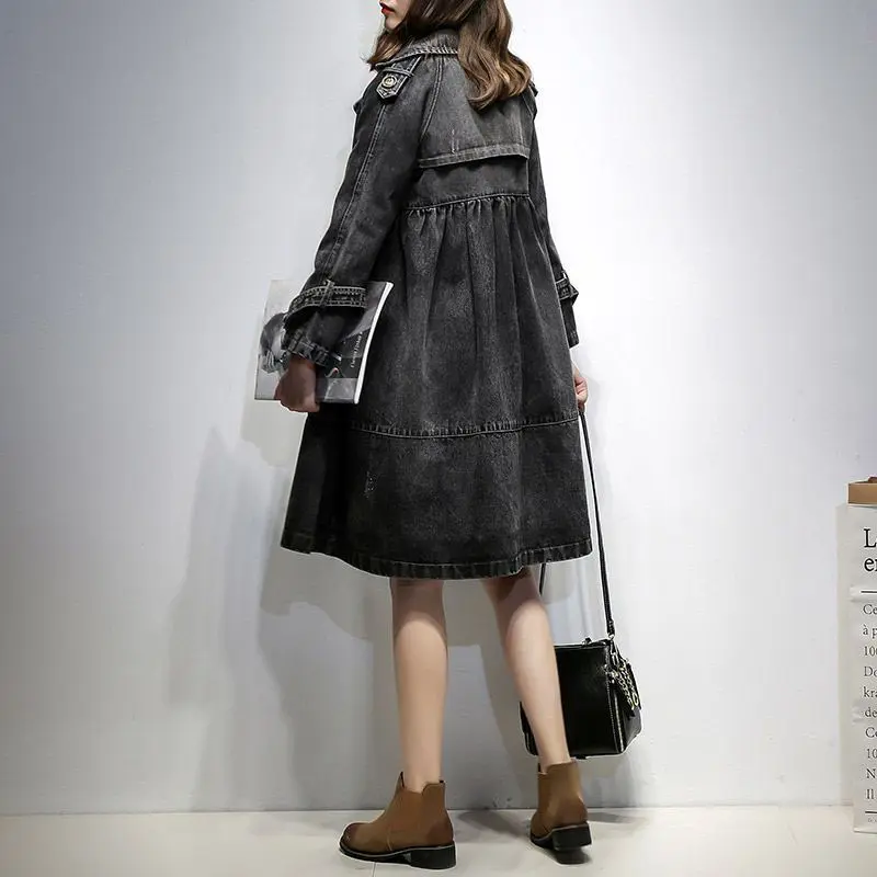 2025 New Autumn Winter Denim Women Jacket Coat Full Sleeves Vintage Windbreaker Mid Long Jean Cowboy Outerwear Female Tops R2344