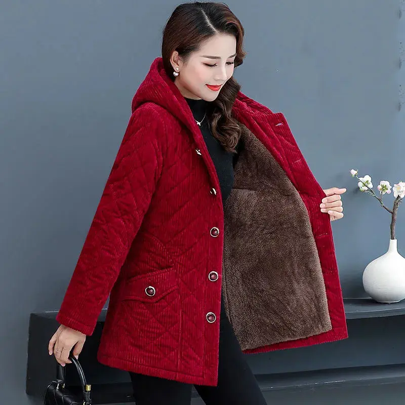 Women Corduroy Jackets 2025 New Autumn Winter Solid Loose Outwaer Female Casual Middle-aged Thicken Warm Hooded Female Overcoats