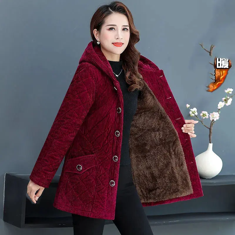 Women Corduroy Jackets 2025 New Autumn Winter Solid Loose Outwaer Female Casual Middle-aged Thicken Warm Hooded Female Overcoats