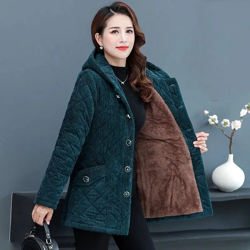 Women Corduroy Jackets 2025 New Autumn Winter Solid Loose Outwaer Female Casual Middle-aged Thicken Warm Hooded Female Overcoats