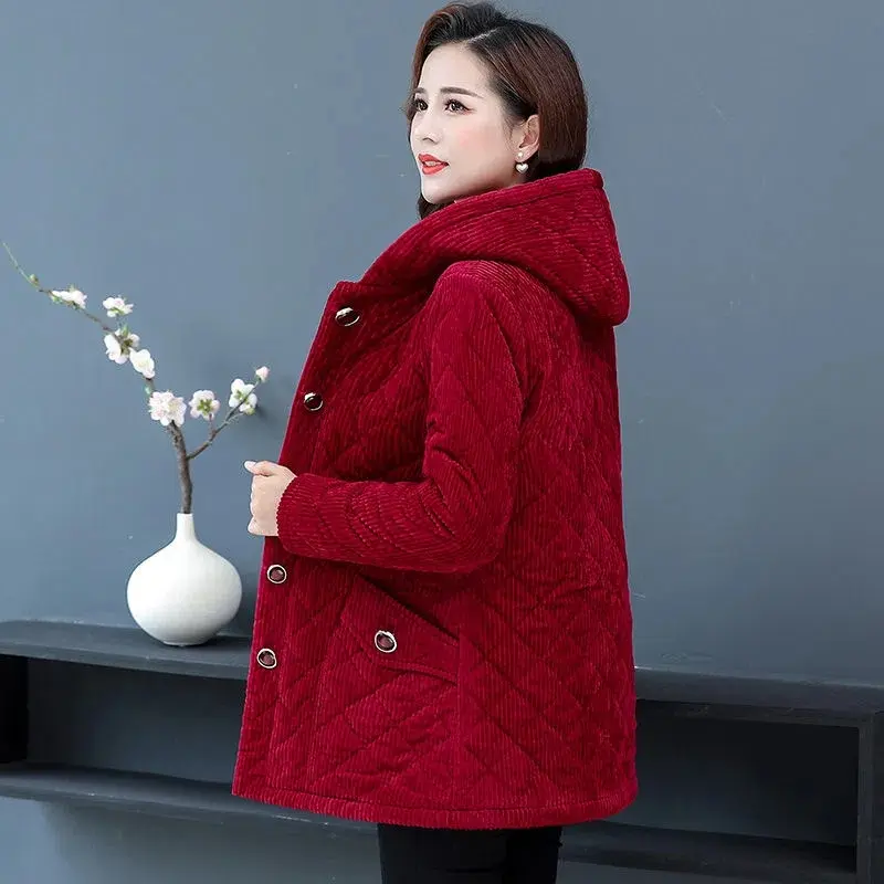 Women Corduroy Jackets 2025 New Autumn Winter Solid Loose Outwaer Female Casual Middle-aged Thicken Warm Hooded Female Overcoats