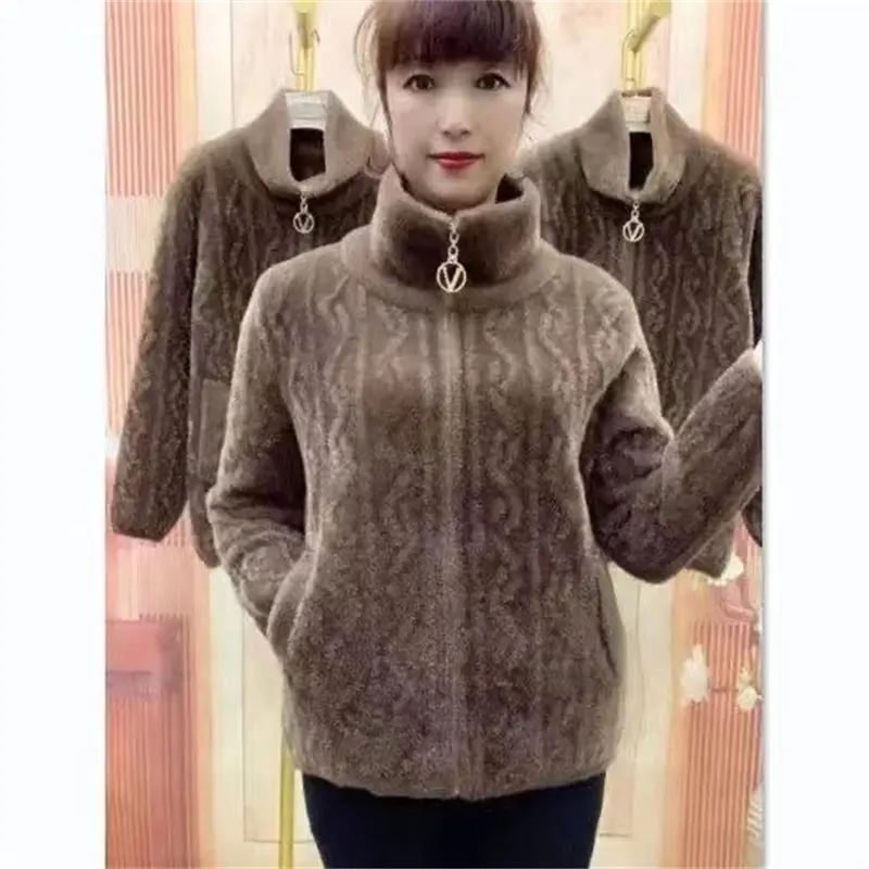 New Middle Aged Elderly Mother Imitation Mink Velvet Coat Women Autumn Winter Thicken Knitted Cardigan Sweater Female Knitwear