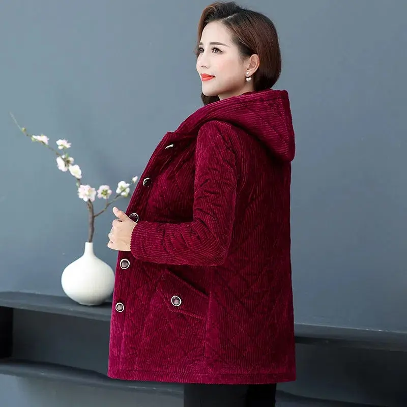 Women Corduroy Jackets 2025 New Autumn Winter Solid Loose Outwaer Female Casual Middle-aged Thicken Warm Hooded Female Overcoats