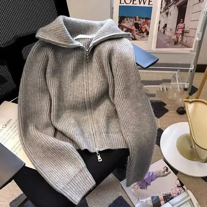 2025 Autumn Winter New knitted Cardigan Sweater Women Fashion Long-Sleeved Short Casual Zipper Loose Sweater Ladies Tops