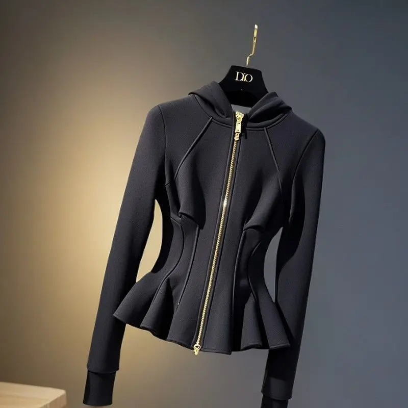 Spring Autumn New 2025 Hooded Short Coat Female Temperament High Quality Black Long Sleeved Waist  Women Coats Ladies Outwear