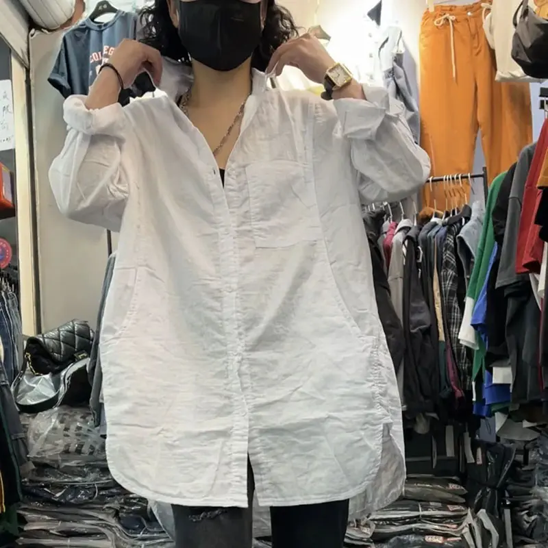Autumn Korean Cotton And Linen Shirt Women's 2025 New Fashion Mid-Long  All-Match Long Sleeve Elegant Casual Female Blouse Tops