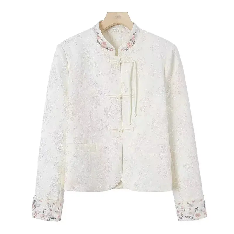 2024 New Fashion Spring Autumn Women Short Jacket Loose Casual Long Sleeve Temperament Buckle Embroidery Female Coat