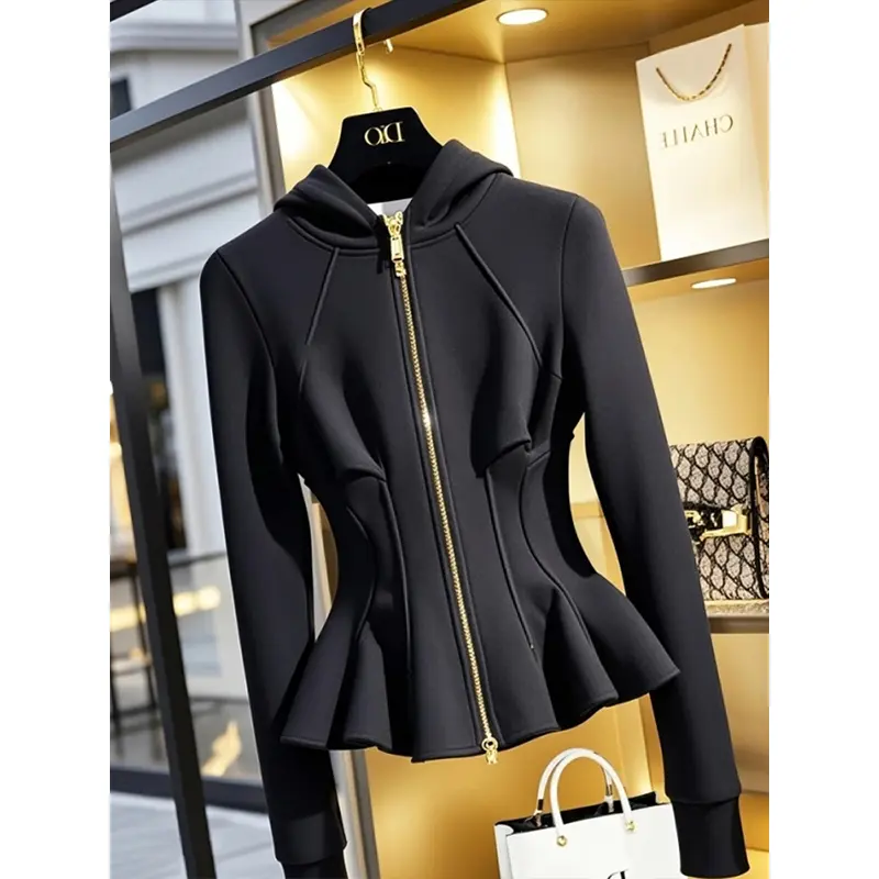Spring Autumn New 2025 Hooded Short Coat Female Temperament High Quality Black Long Sleeved Waist  Women Coats Ladies Outwear