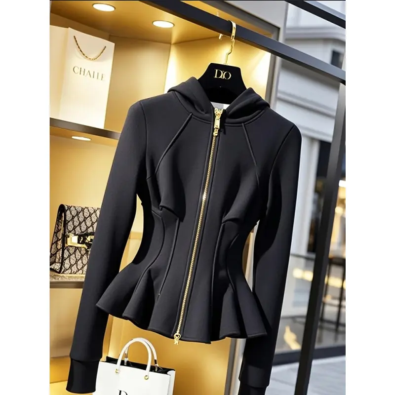 Spring Autumn New 2025 Hooded Short Coat Female Temperament High Quality Black Long Sleeved Waist  Women Coats Ladies Outwear