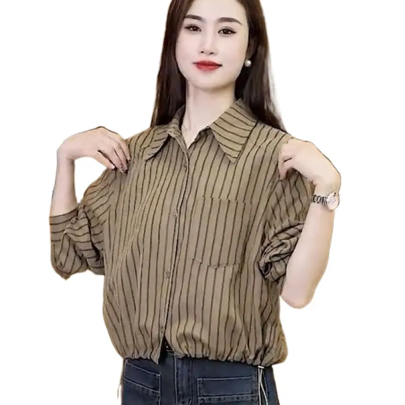 Chic Striped Shirt Women's Spring Autumn New Korean Fashion Long-Sleeved Casual Waist Short Blouses Ladies Temperament Tops