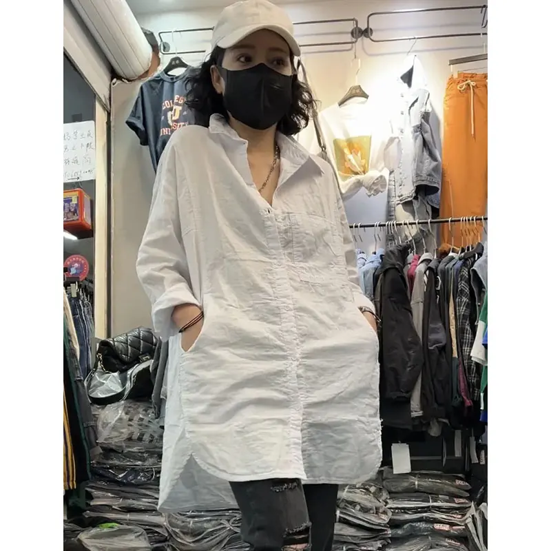 Autumn Korean Cotton And Linen Shirt Women's 2025 New Fashion Mid-Long  All-Match Long Sleeve Elegant Casual Female Blouse Tops