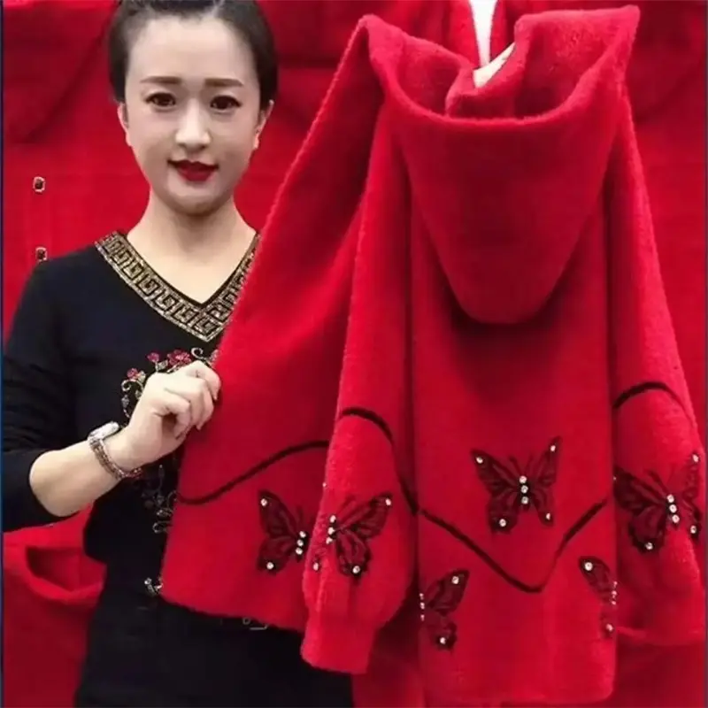 2025 New Autumn Winter Middle Aged Elderly Mother Imitation Mink Velvet Coat Women Hooded Knitted Cardigan Sweater Female Jacket