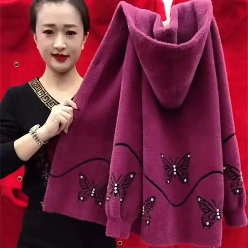 2025 New Autumn Winter Middle Aged Elderly Mother Imitation Mink Velvet Coat Women Hooded Knitted Cardigan Sweater Female Jacket