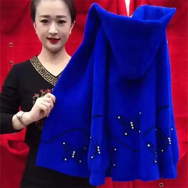 2025 New Autumn Winter Middle Aged Elderly Mother Imitation Mink Velvet Coat Women Hooded Knitted Cardigan Sweater Female Jacket