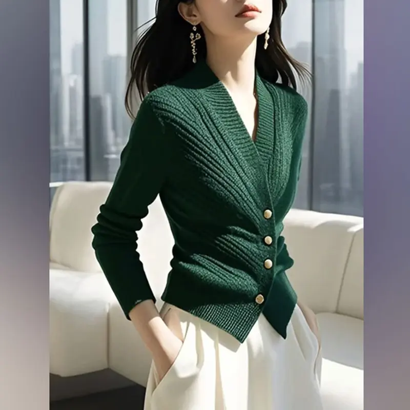 Autumn 2025 New Knitted Cardigan Women V-neck Sweater Ladies Casual Solid Temperament Waist Knitt Sweater Female Outwear